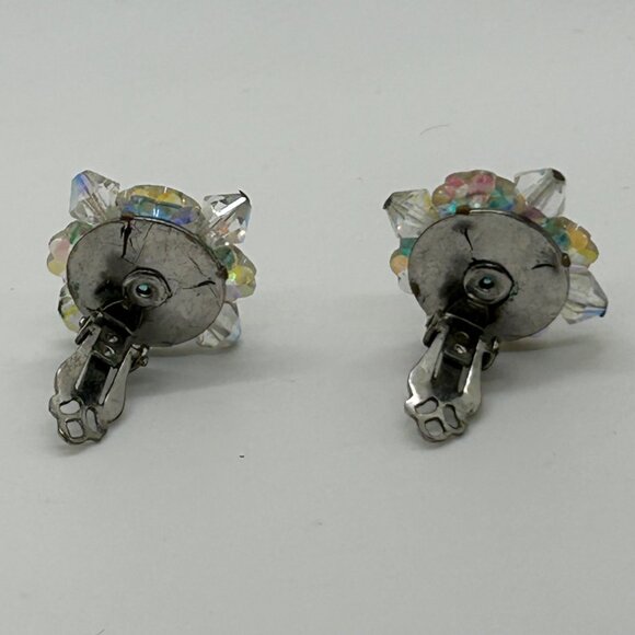 Vintage Aurora Borealis Earrings Crystal Flower Cluster Clip-On 1950-1960s - Picture 12 of 14